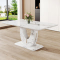 JUFU 63" Faux Marble Dining Table for 6, Modern Rectangular Kitchen & Dining Room Table, White Marble-Look MDF Top with U-Shaped Pedestal Base, Easy to Assemble