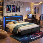Queen Bed Frame with LED Lights & Charging Station, Bed Frame Queen Size with Headboard,13" Under Bed Storage, Noise-Free Heavy Duty Metal Support, Modern Black