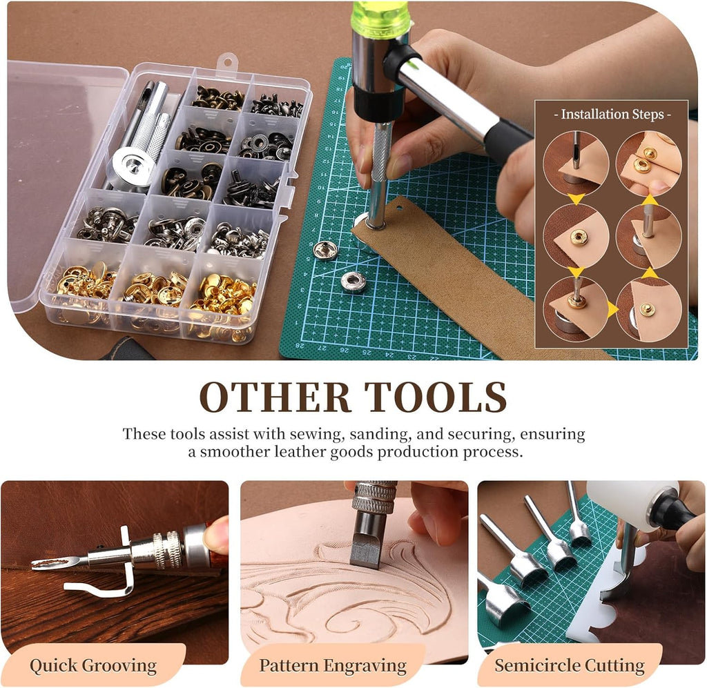 424 Pcs Leather Working Tools Leather Tools Leathers Tooling Kit Leathers Hole Punch Tool with Instructions, Sewing Kit, Wooden Storage Box, Stamping Set