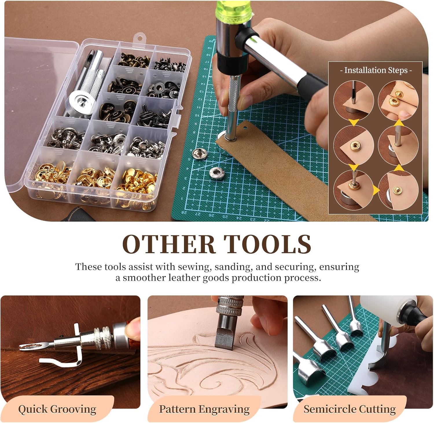 424 Pcs Leather Working Tools Leather Tools Leathers Tooling Kit Leathers Hole Punch Tool with Instructions, Sewing Kit, Wooden Storage Box, Stamping Set