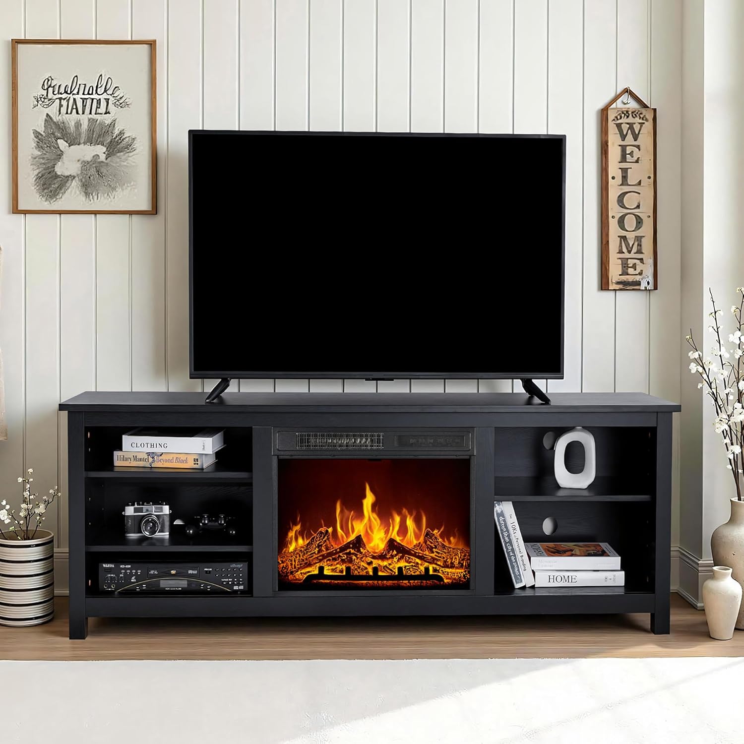 AMERLIFE Fireplace TV Stand, Wood Texture Entertainment Center with 23'' Electric Fireplace, Farmhouse Entertainment Stand Media TV Console for TVs Up to 80'', 70 inches, Black
