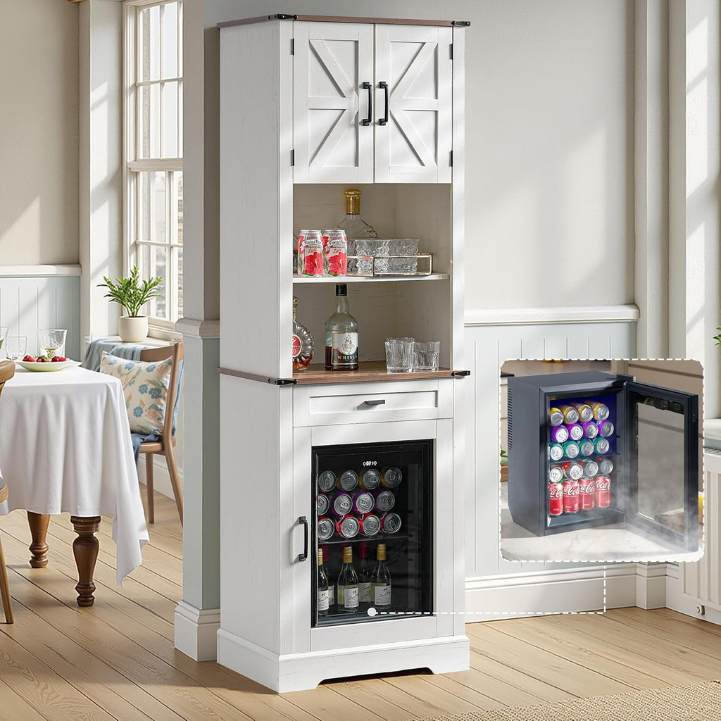 Bar Cabinet with Fridge (Included), 69" Farmhouse Wine Cabinet with Storage Drawers & Adjustable Shelves, Coffee Bar Cabinet for Home bar, Dining Room, Living Room