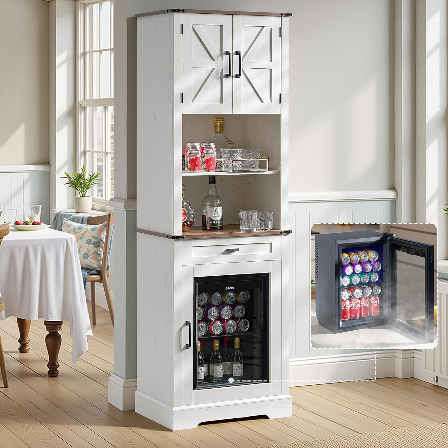Bar Cabinet with Fridge (Included), 69" Farmhouse Wine Cabinet with Storage Drawers & Adjustable Shelves, Coffee Bar Cabinet for Home bar, Dining Room, Living Room
