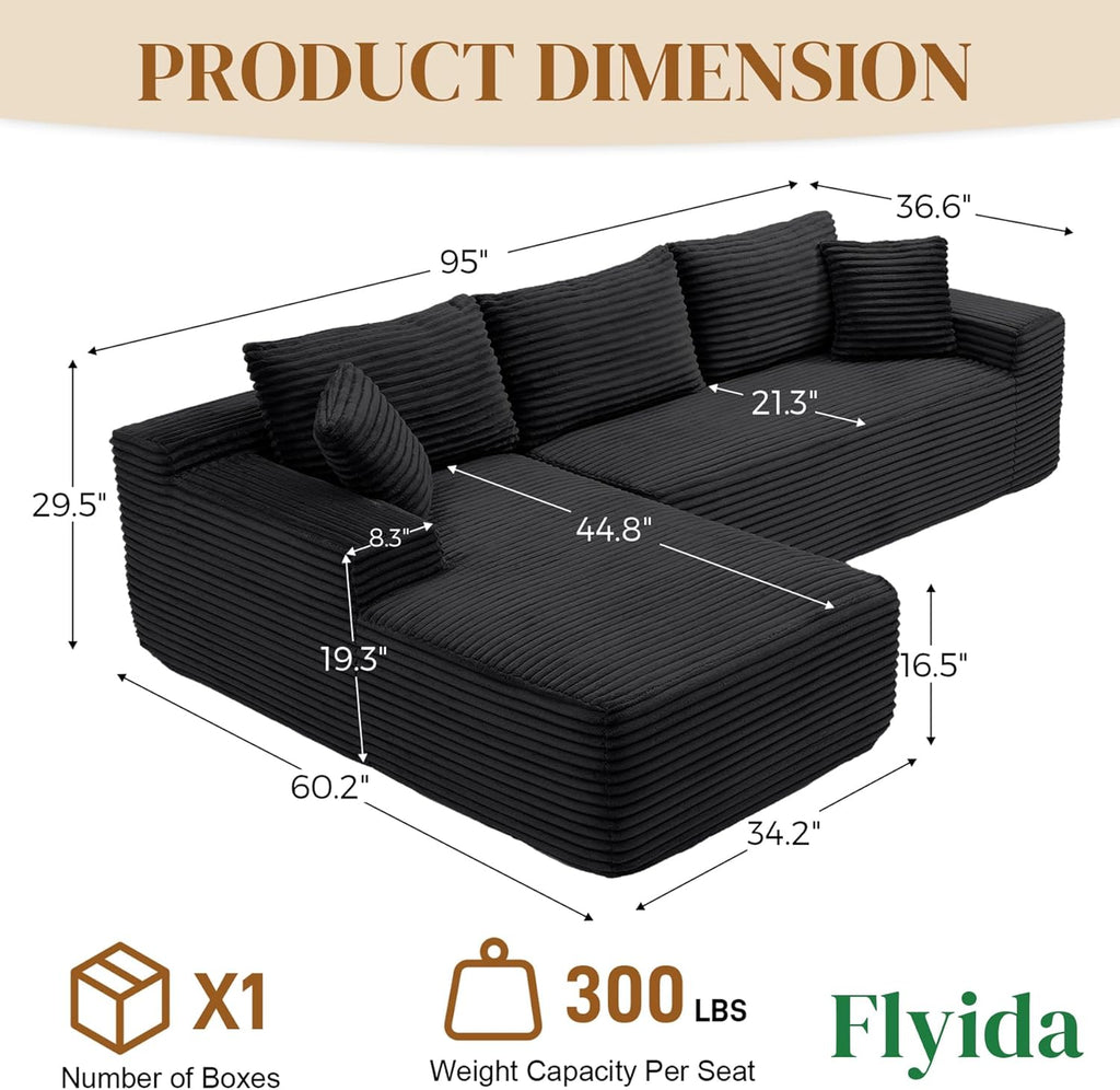 95" Boneless Cloud Sectional Couches for Living Room, Comfy Fluffy L Shaped Memory Foam Deep Seat Boneless Couch, Modular Sectional Sofa with Left Facing Chaise, Black