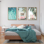 HOURIA Summer Surfboard Beach Framed Canvas Wall Art Set,Modern Ocean Surfing Seascape Wall Decor,Coastal Bus Coconut Tree Wall Painting,Nature Botanical Art Prints for Living Room, Bedroom-16 x24 x3