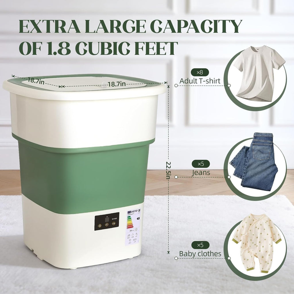 Portable Washing Machine, 1.8 Cu.Ft Large Capacity Foldable Washer with Spin Basket & 150W Motor, Timer Control for Apartment, RV, Camping & Travel – No Laundry Room Needed (White Green)