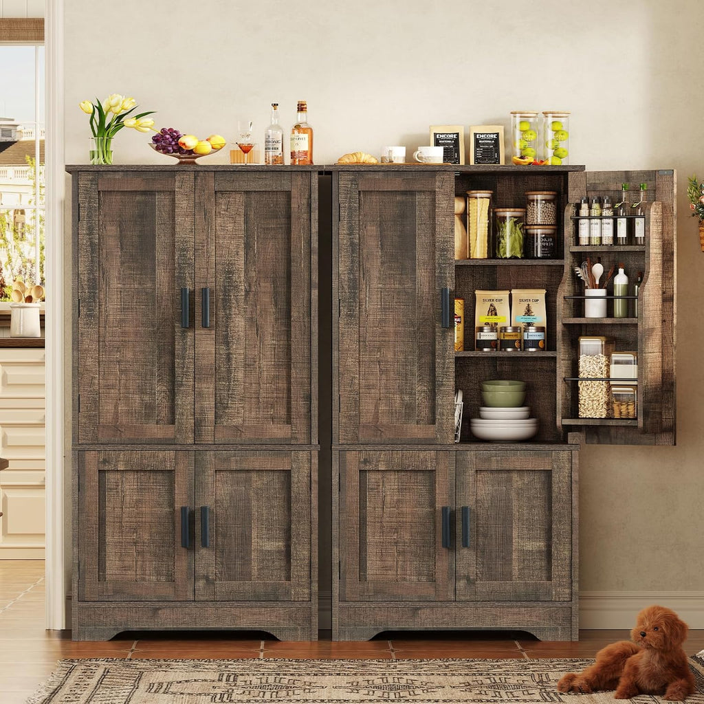 TEENFON Storage Cabinet with 4 Doors, 43.3" H Farmhouse Kitchen Cabinet with 6 Door Shelves, Kitchen Storage Cabinets with Adjustable Shelves, for Living Room, Antique Oak
