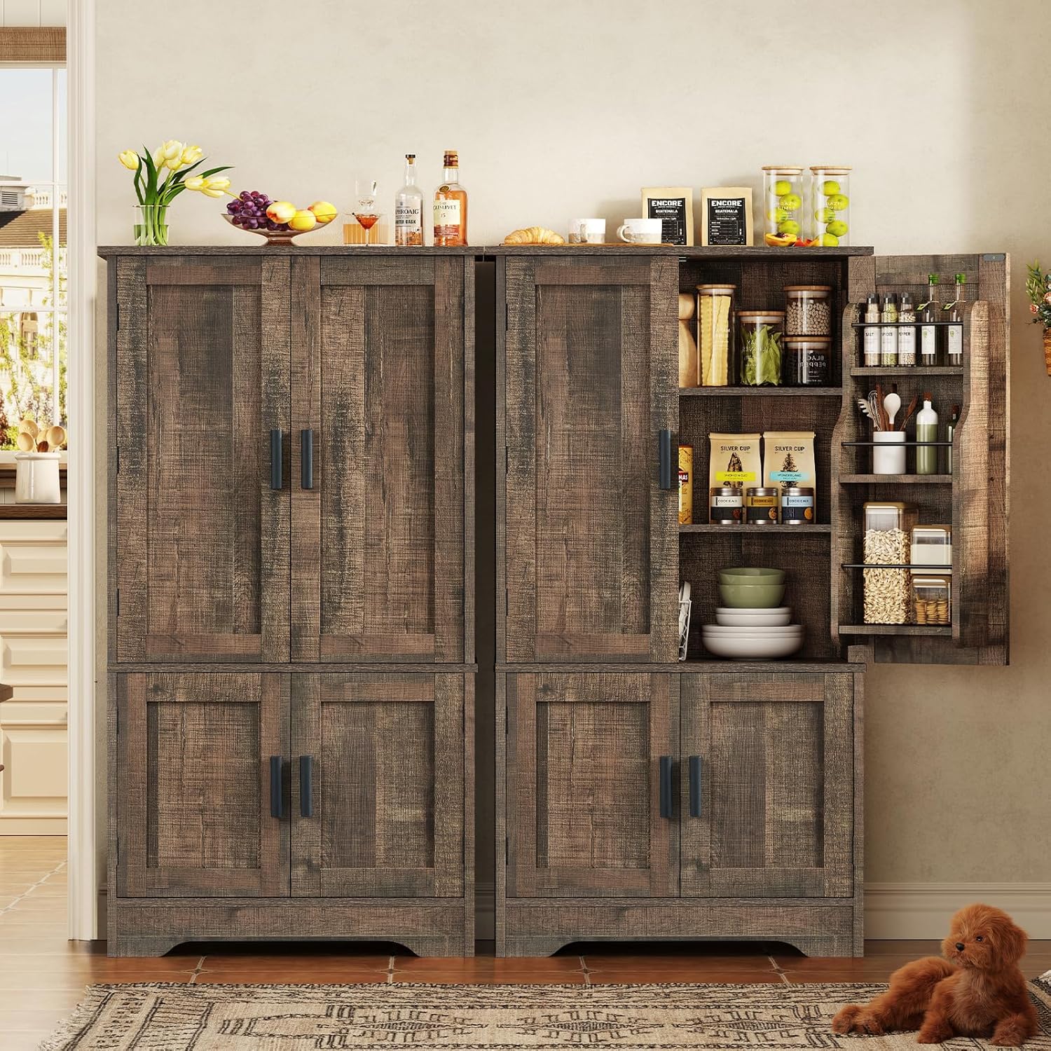 TEENFON Storage Cabinet with 4 Doors, 43.3" H Farmhouse Kitchen Cabinet with 6 Door Shelves, Kitchen Storage Cabinets with Adjustable Shelves, for Living Room, Antique Oak