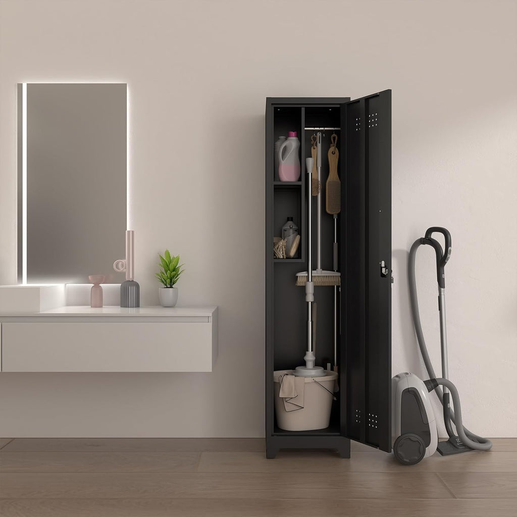 Metal Garage Storage Cabinet,Broom Closet Storage Cabinet,Utility Closet Cabinet for Garage,Office,Gym,Black