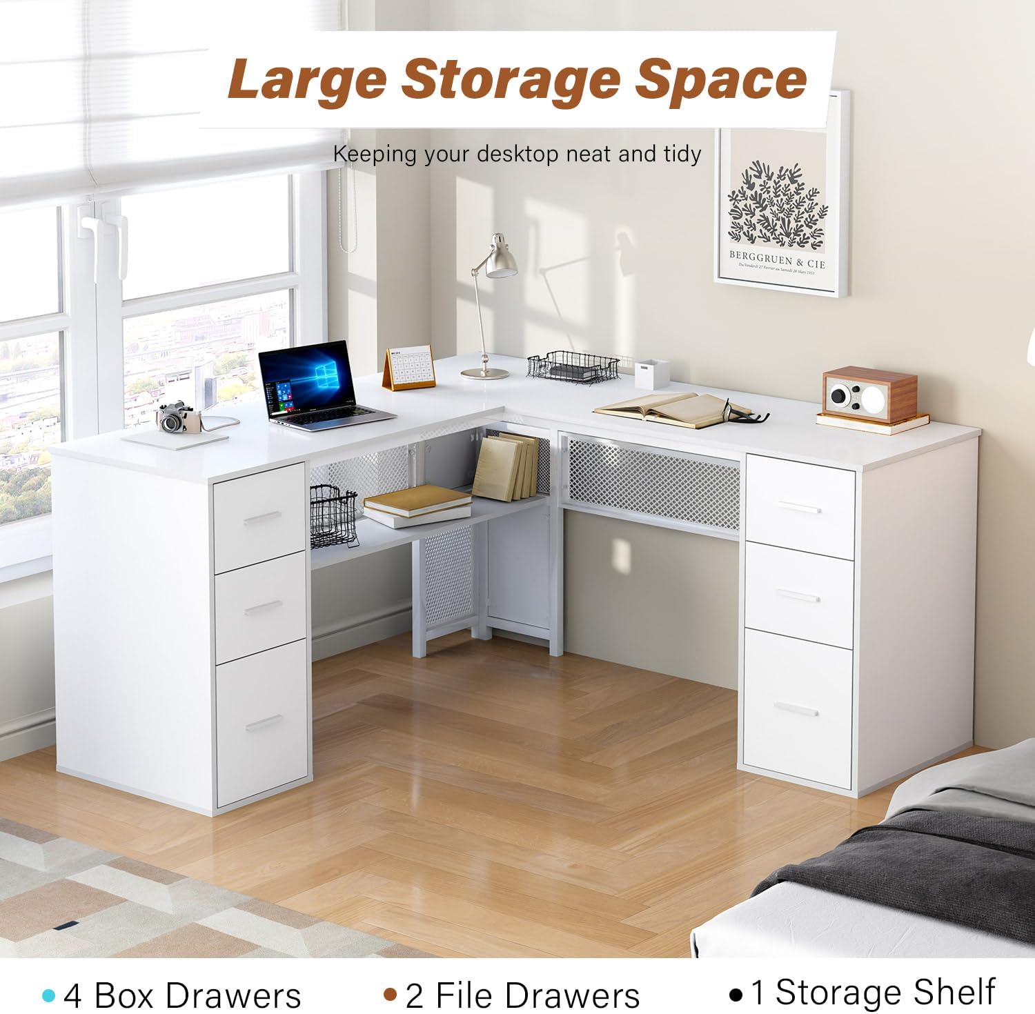 HSH White L Shaped Desk with Drawers Shelves, Large Home Office Corner Computer Desk with Storage File Cabinet, Modern Metal Wood Desk for Executive Writing Study Workstation, 59 Inch Bedroom Table