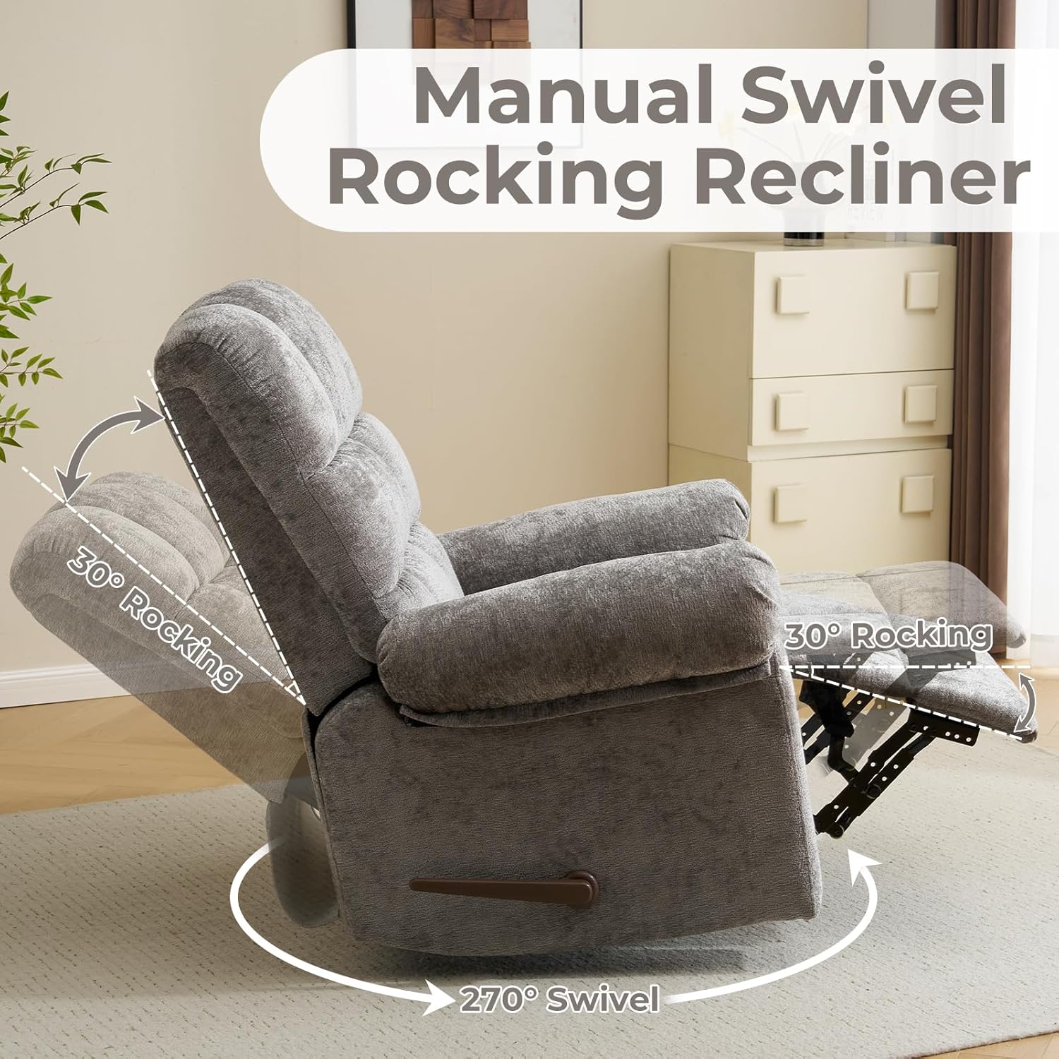 Swivel Rocker Recliner Chair with Heat and Massage, Oversized Rocker Recliner with Overstuffed Backrest,Swivel Glider Recliner for Living Room,Grey
