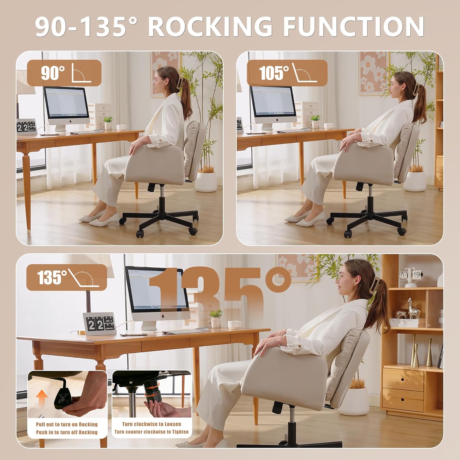 Criss Cross Chair with Flip-Up Arms & Swivel Wheels, Vanity Chair with Adjustable Height & Side Pockets, Comfortable Wide Seat Reclining Computer Office Desk Chairs for Home Office, Make Up, Bed Room