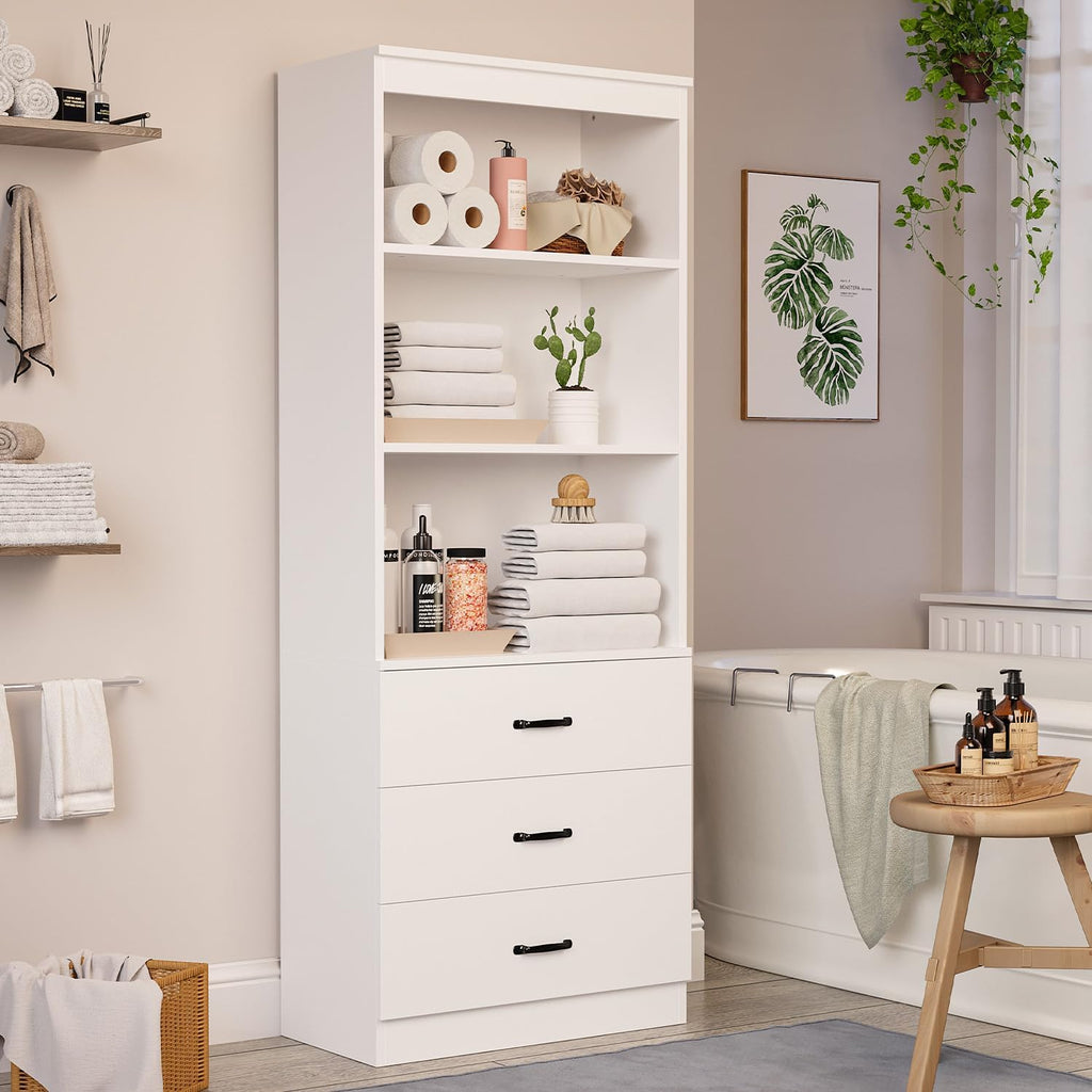 70" H Bookshelf with Drawers, Tall Bookcase with 3-Tier Open Shelves, Bookshelf and Bookcase with Storage Cabinet for Home Office,Living Room(White, 6-Tier)