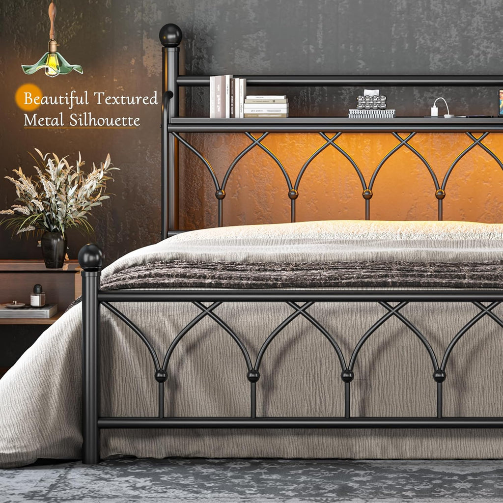 EnHomee 54" King Bed Frame with Tall Storage Headboard, Metal King Size Bed Frame with LED Lights and Power Outlets, Sturdy & Noise-Free, Metal Slats, No Box Spring Needed, Black