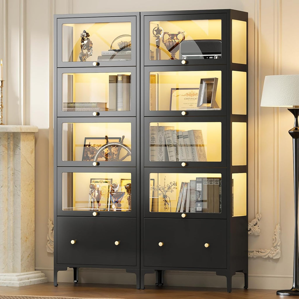 Display Cabinet with Glass Doors, 67" Metal Curio Cabinet with Drawer & 13-Color RGB LED Lights, 5-Tier Glass Display Case for Collectibles, Figure, Toys, Books, Black