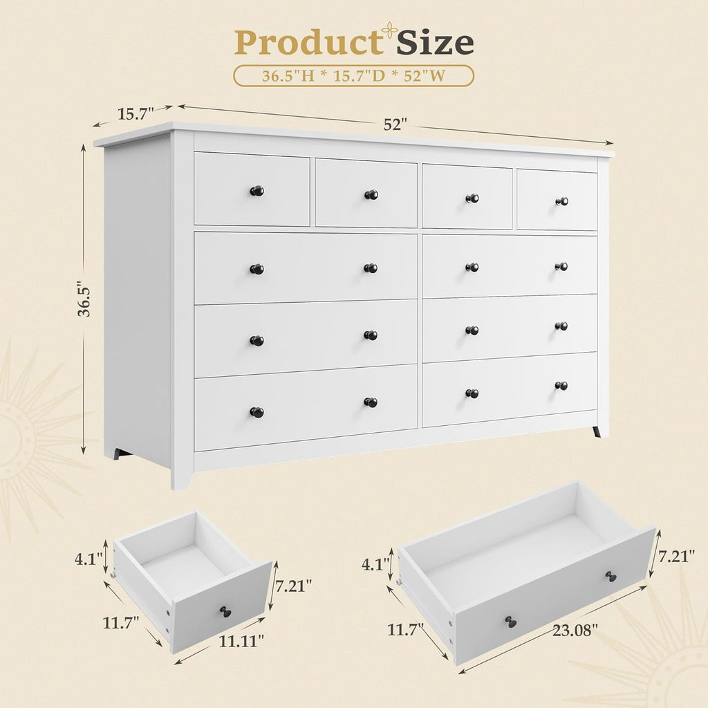 White Dresser for Bedroom with 10 Spacious Drawers Large Wood Dresser TV Stand for Bedroom Modern Chest of Drawers for Living Room Hallway Entryway, Smooth Slide, 15.7" D x 52" W x 36.5" H