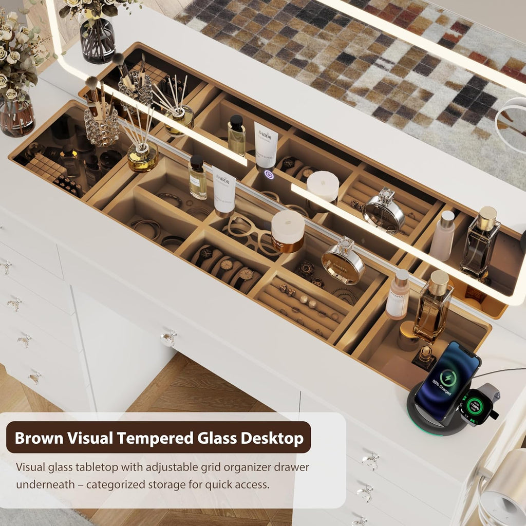 White Makeup Vanity, 11 Drawers Vanity Mirror with Lights, Makeup Vanity Desk with 3 Lighting Modes Adjustable Brightness, Vanity with Glass Top for Bedroom