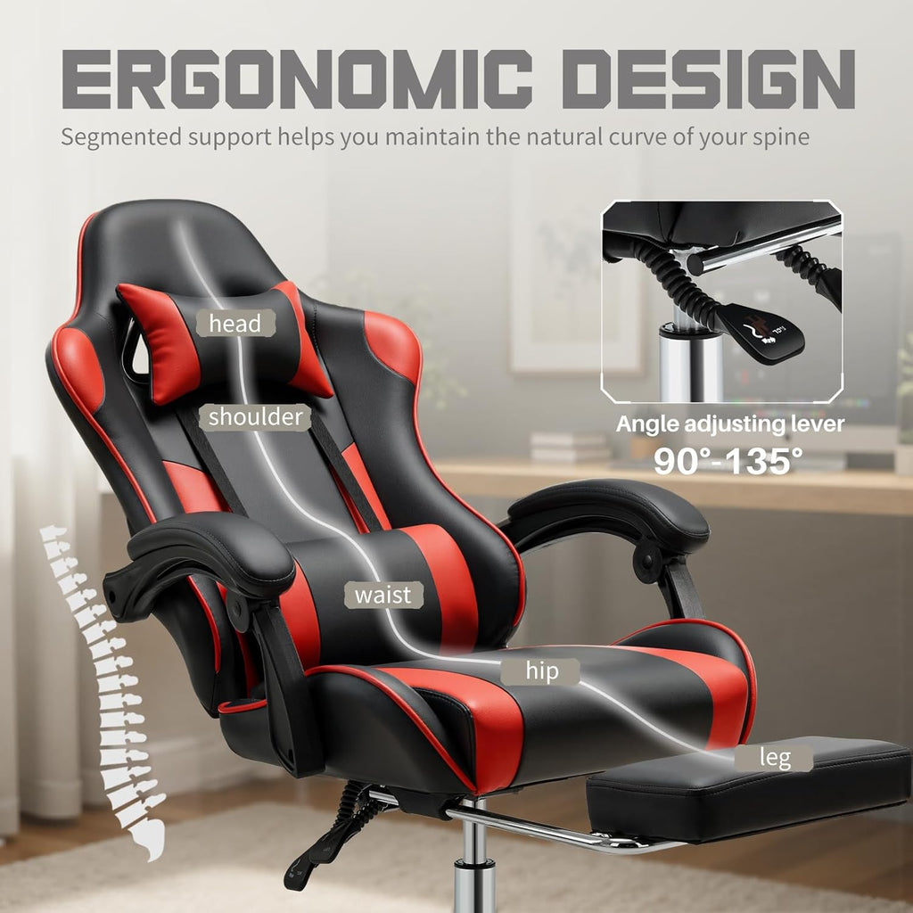 DUMOS Ergonomic Gaming Office Desk Chair with Footrest and Headrest for Adults, PU Leather Video Computer Chair with Linkage Armrests, Height Adjustable 360° Swivel Recling Chair, Black Red