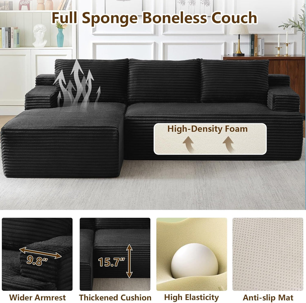 96" Modular Sectional Sofa Couches L-Shape Couch 3 Seat Modular Sofa Corduroy Memory Foam Sectional Boneless Couches for Living Room, Cloud Couch with Oversized Chaise(Black, Left Facing)