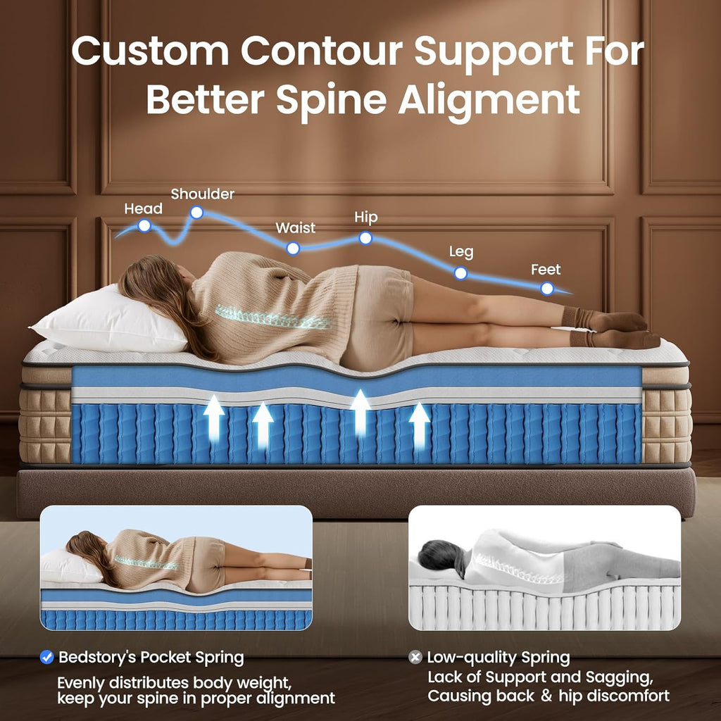 BedStory Extra Firm Queen Mattress 14 inch - Pain-Relieving Hybrid Mattress for Extra Lumbar & Hip Support - No Sagging Bed in a Box - 365-Night Trial - No Odor, Fiberglass-Free, CertiPUR-US Certified