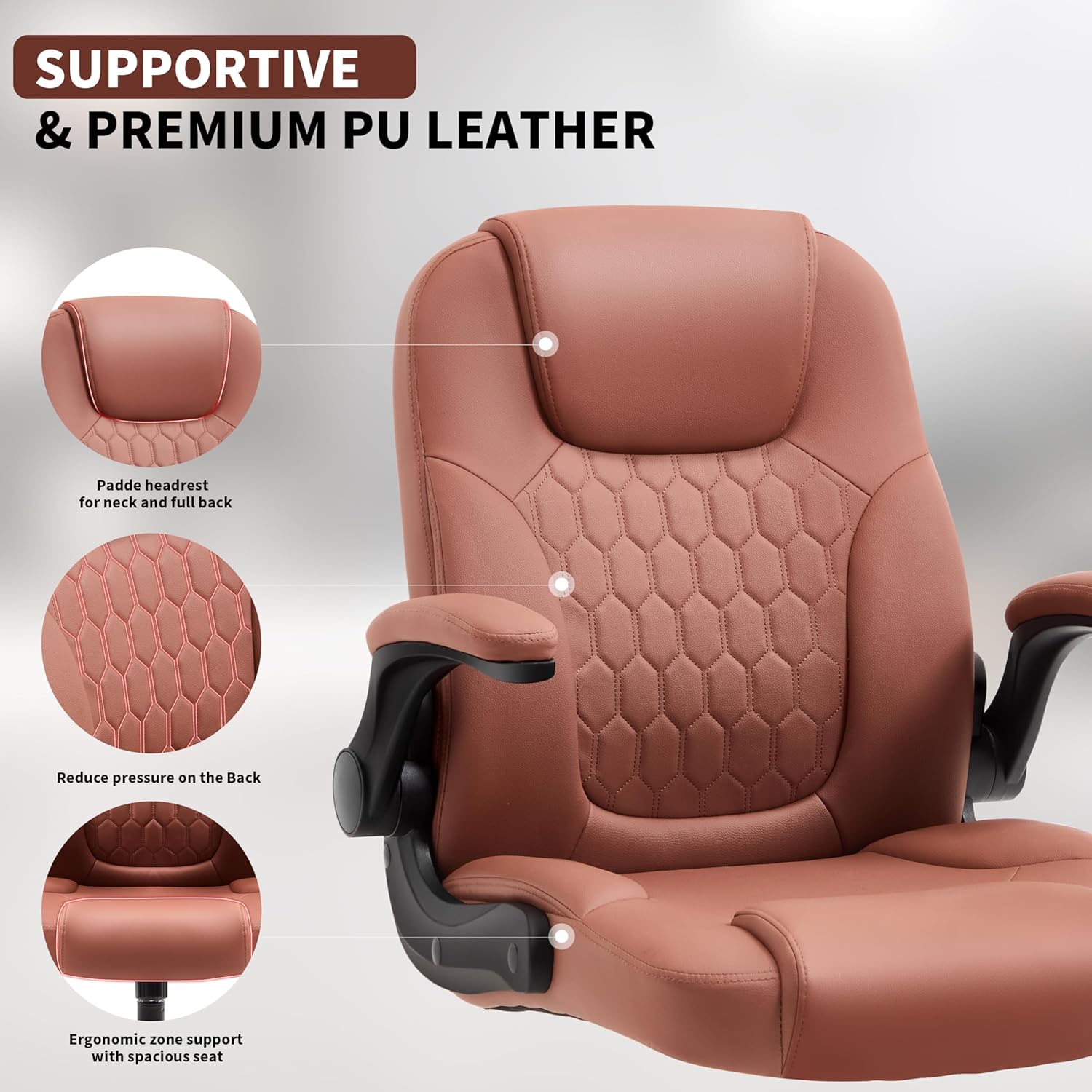 Executive Office Chair PU,Leather Office Chair with Wheels,360° Swivel Rolling Chair with Padded Arms,Ergonomic Computer Chair with Lumbar Support for Short People Use(Brown)