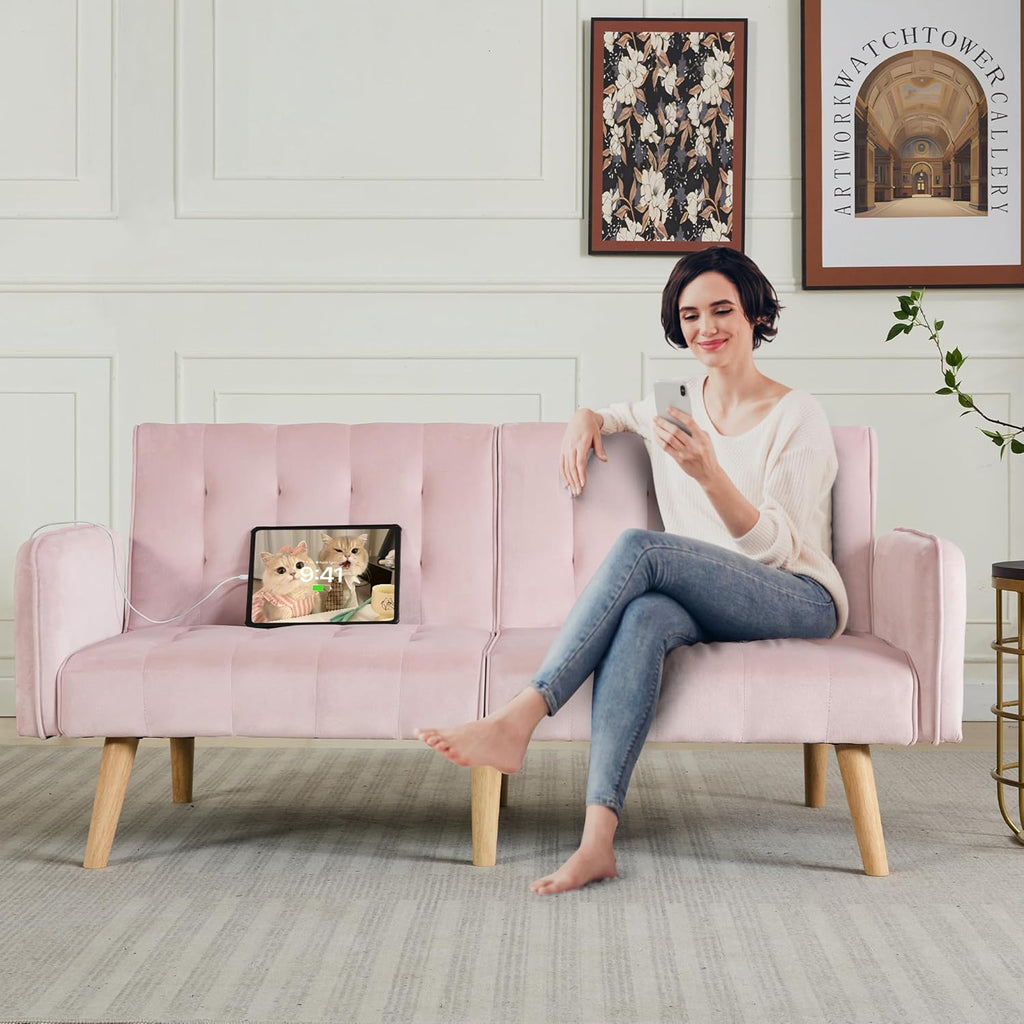 TYBOATLE 65" W Velvet Modern Convertible Folding Futon Couch Sofa Bed w/ 2 USB Charging Ports and arms, Loveseat for Compact Living Space, Dorm, Game Studio, Bonus Room, Apartment, Bedroom (Pink)