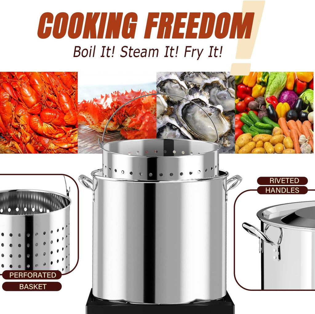 Stainless Steel 60QT Crawfish Boiler Kit, Waterproof Cover & 12-inch Skimmer, 110,000BTU Propane Burner Stove, 0-20PSIG Regulator, Seafood Boil Pot, Crab Boil Pot with 50QT Basket