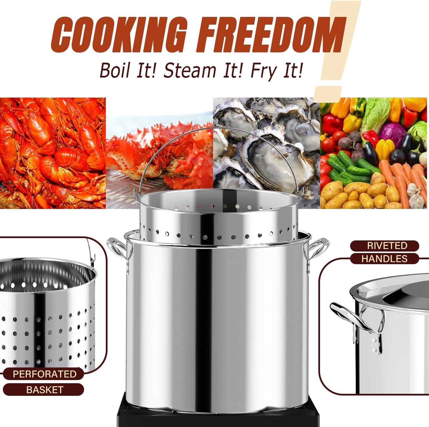 Stainless Steel 60QT Crawfish Boiler Kit, Waterproof Cover & 12-inch Skimmer, 110,000BTU Propane Burner Stove, 0-20PSIG Regulator, Seafood Boil Pot, Crab Boil Pot with 50QT Basket