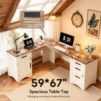 L Shaped Farmhouse Executive Desk with Drawers, 67" Home Office Desks with Fast Charging Station, Lockable File Cabinet, Wood Writing Computer Desk for Work, Study, White