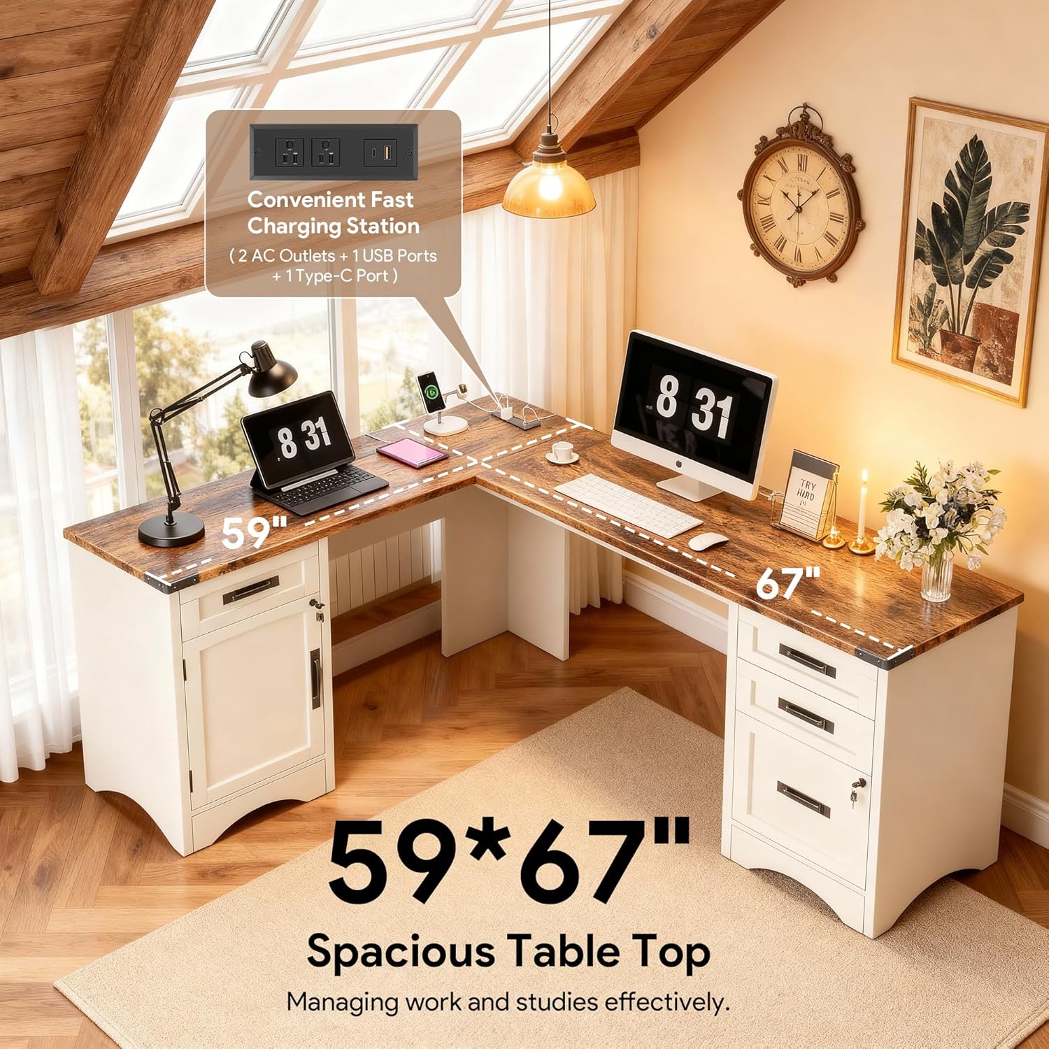 L Shaped Farmhouse Executive Desk with Drawers, 67" Home Office Desks with Fast Charging Station, Lockable File Cabinet, Wood Writing Computer Desk for Work, Study, White