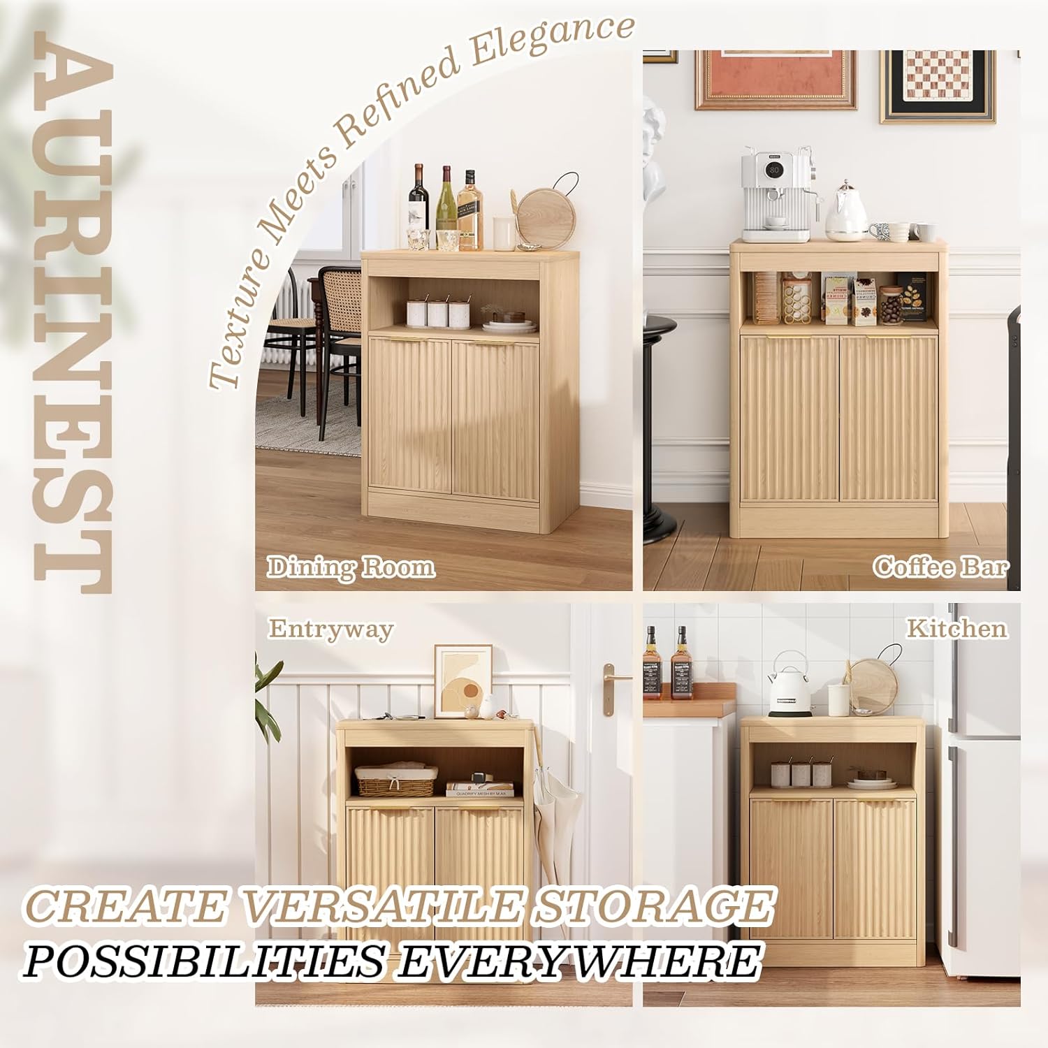 Fluted Buffet Cabinet with Storage, Small Coffee Bar Cabinet with Doors & Adjustable Shelves, Wood Storage Cabinet for Kitchen, Living Room, Entryway, Oak