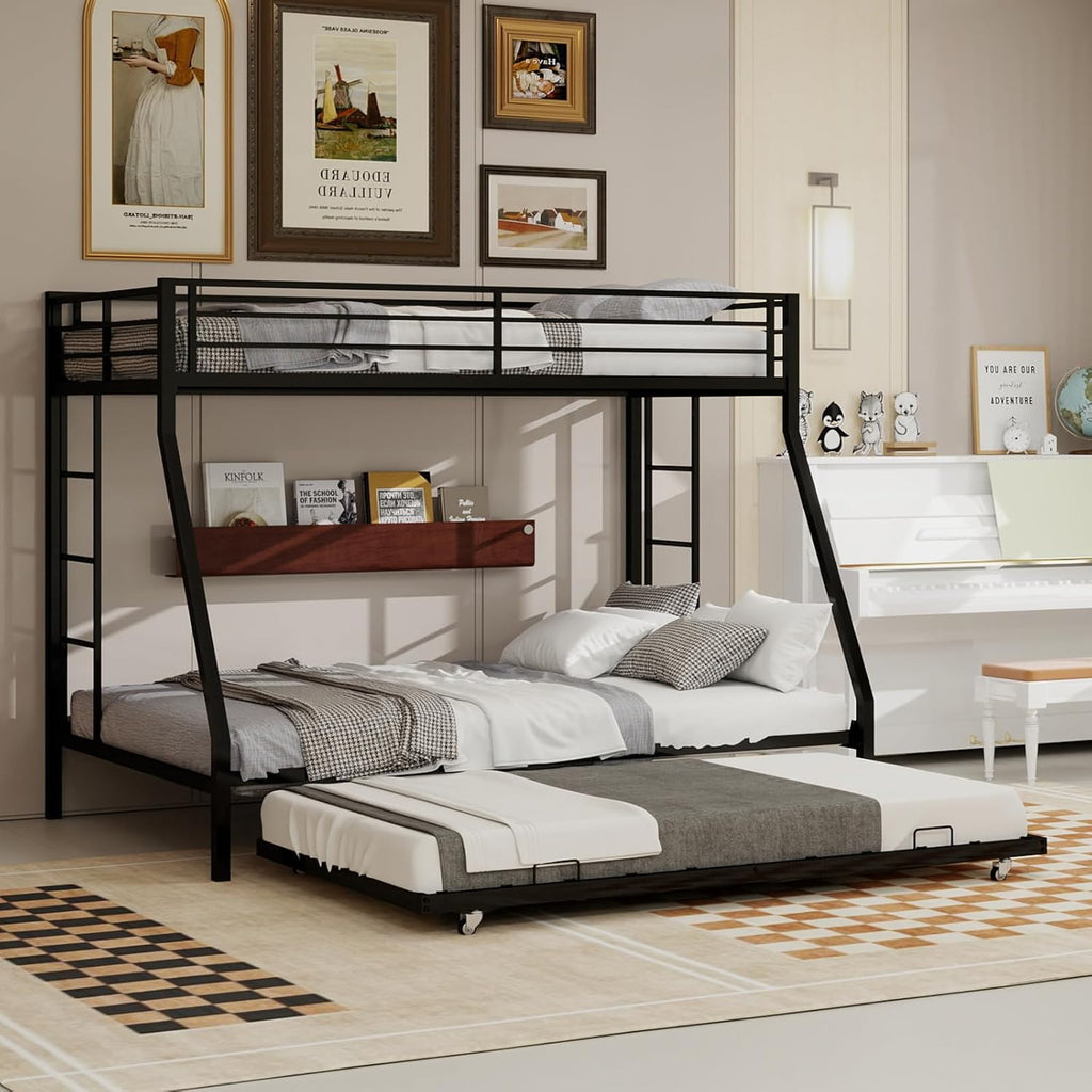 Twin XL Over Queen Bunk Bed with Trundle, Heavy Duty Metal Bunk Bed Frame with 2 Ladders and Full-Length Guardrail, Space-Saving Bunk Beds for Kids Teens Adults, No Box Spring Needed, Black