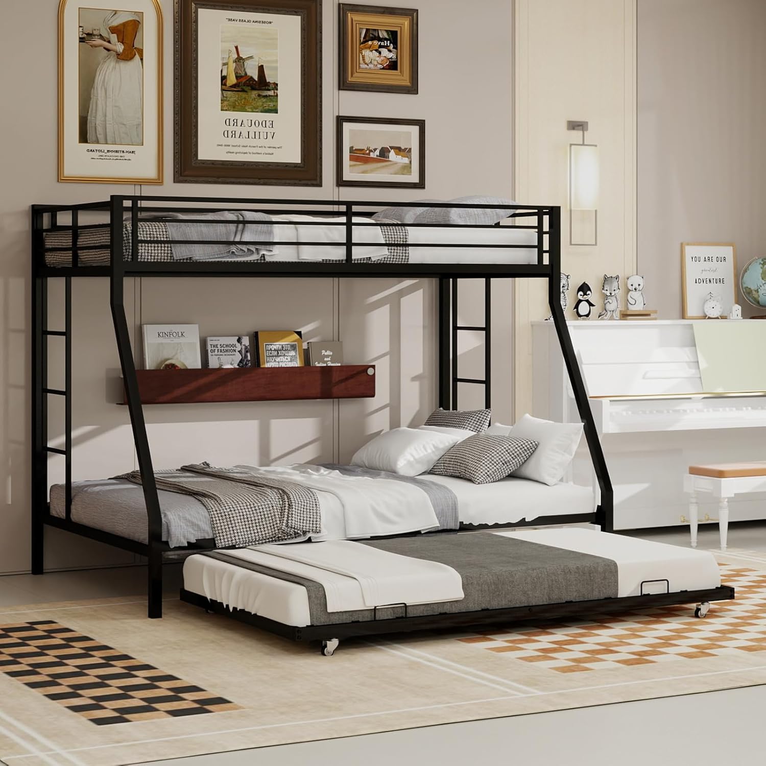 Twin XL Over Queen Bunk Bed with Trundle, Heavy Duty Metal Bunk Bed Frame with 2 Ladders and Full-Length Guardrail, Space-Saving Bunk Beds for Kids Teens Adults, No Box Spring Needed, Black