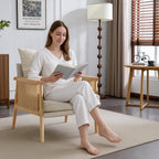 Karl home Cozy Chenille Accent Chair with Lumbar Pillow & Rattan Arms Modern Lounge Chair for Living Room, Bedroom, Reading Nook, Gray