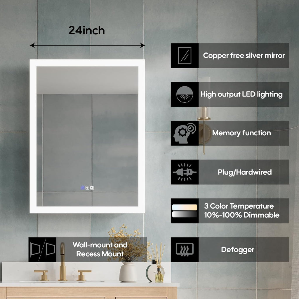 WELLFOR 24 x 32 Inch LED Medicine Cabinet with Lights, 3X Magnification Makeup Mirror, Bathroom Vanity Mirror Cabinet with Storage, Anti Fog, Surface or Recess Mount, Right Opening Door