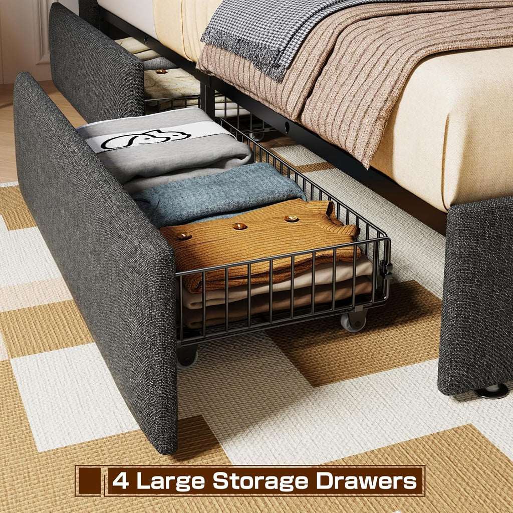 Queen Bed Frame with 4 Storage Drawers, Upholstered Bed Frame Queen Size with LED Lights Headboard and Charging Station, No Box Spring Needed, Easy Assembly - Dark Grey