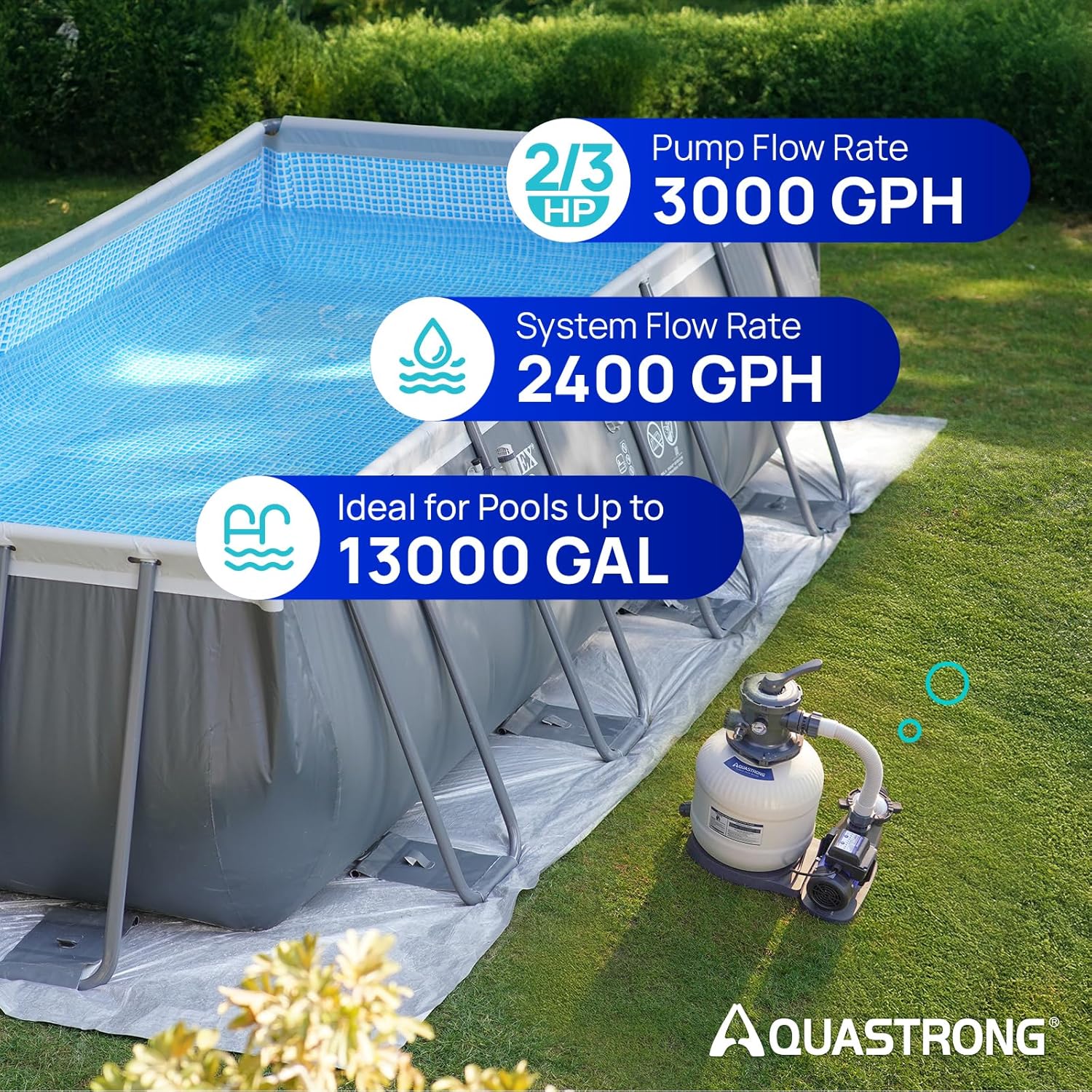 AQUASTRONG Sand Filter Pump for Above Ground Pool  Pool Pumps Above Ground Pool Sand Filter with 6-Way Valve Improved Circulation and Filtration  14in  2/3 HP 3000 GPH with Timer