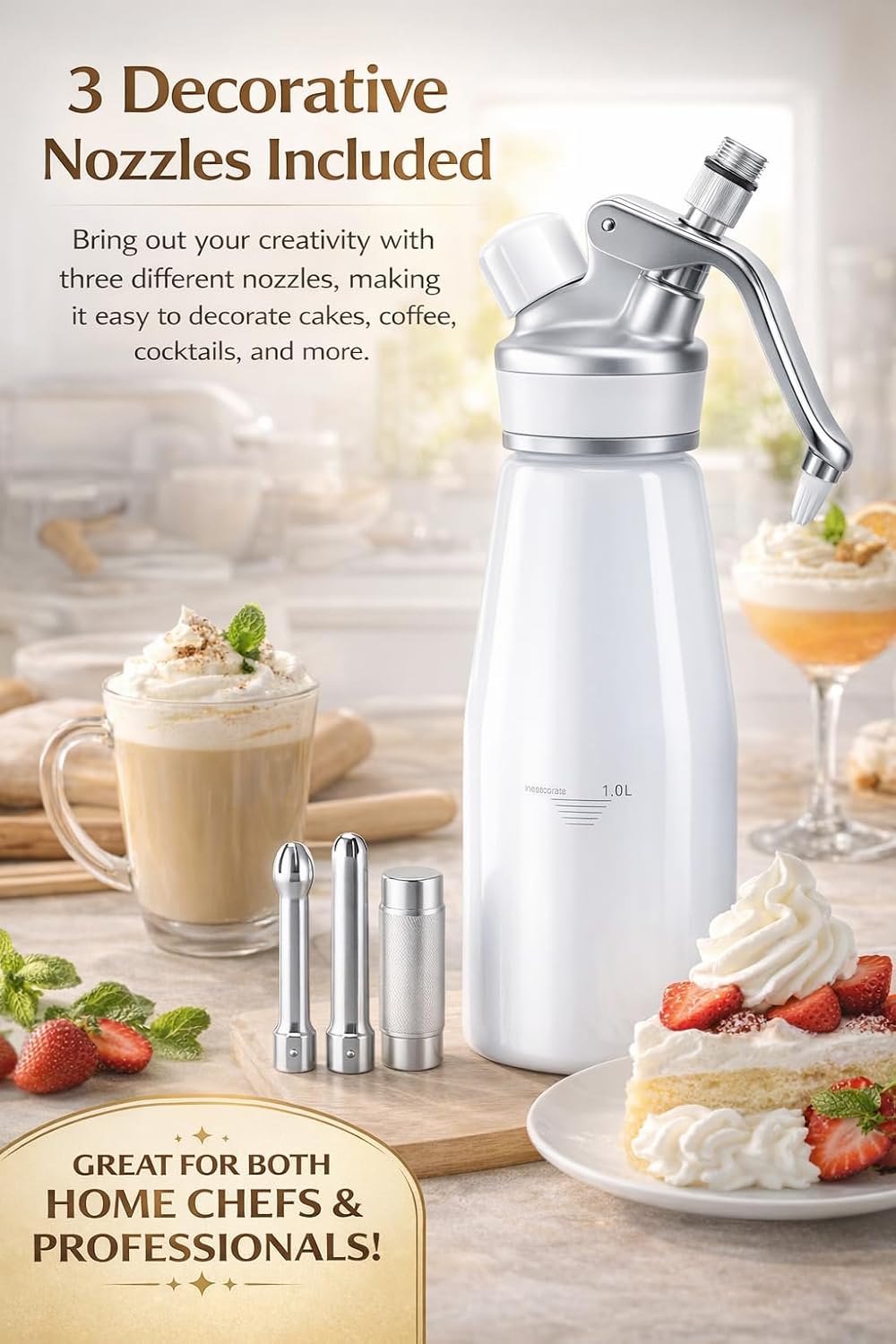 Whipped Cream Dispenser–Double Wall Insulated Aluminum Water Bottle with Stainless Steel 3 Nozzles, Extra-Large Capacity Whipping Cream Maker for Desserts, Coffee, Cocktails More-500Ml-Pink