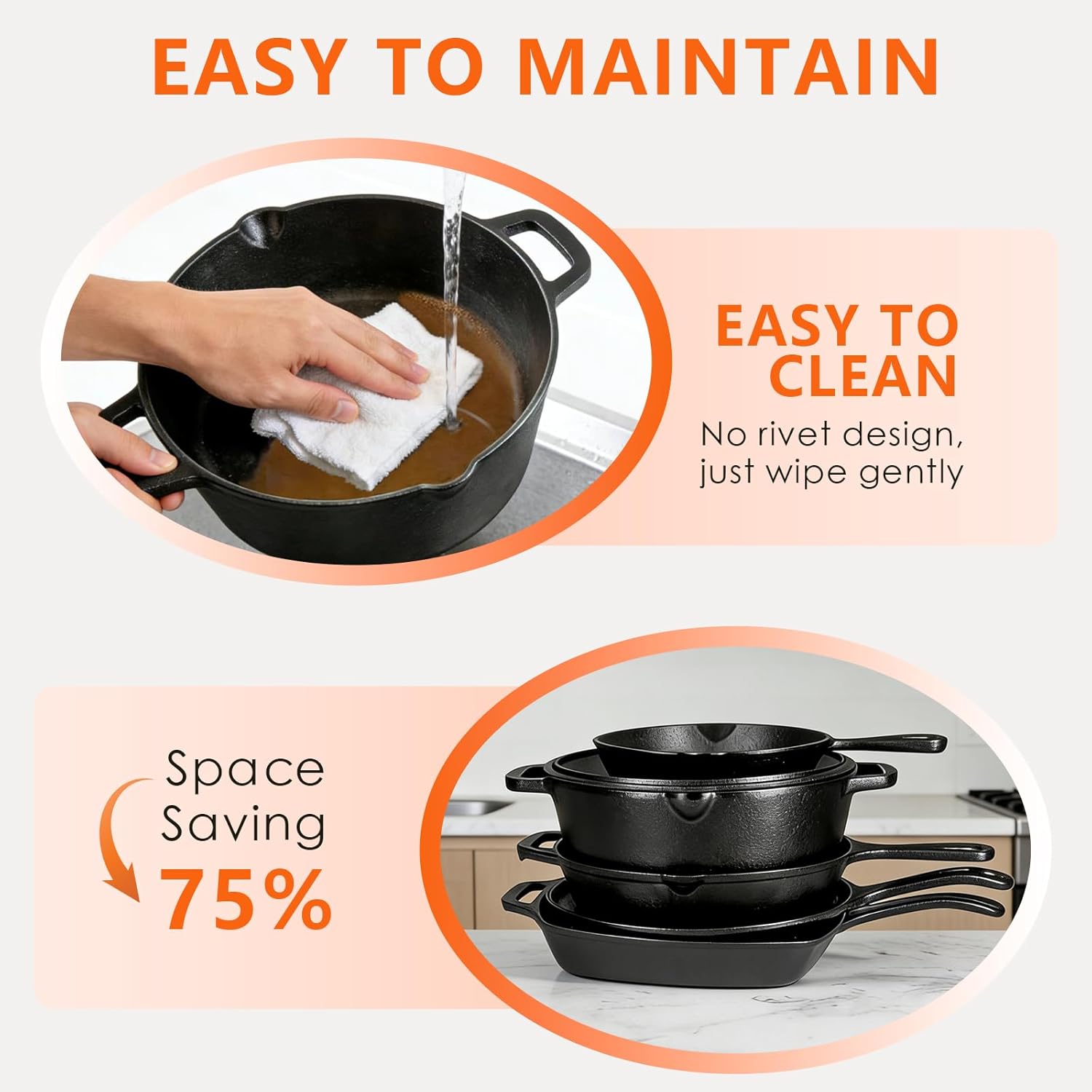 6 Piece Pre-Seasoned Cast Iron Cookware Set – Incl. 5QT Dutch Oven with Lid, 8'' and 10.25'' Cast Iron Skillets, 10.5'' Round Griddle, and a Square Grill Pan for Kitchen, Stovetop, & Camping
