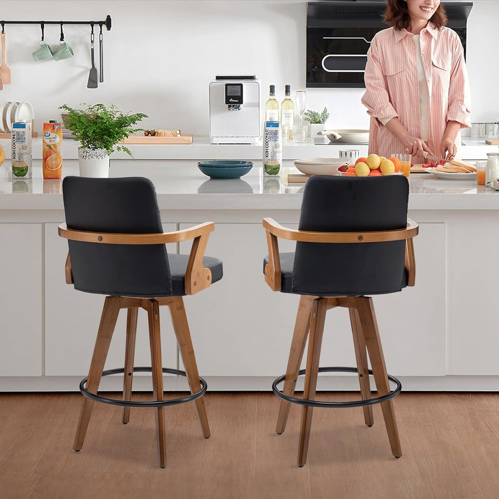Black Bar Stools Set of 2, Kitchen Bar Stools 30” H,Modern Leather Bar Height Chairs with Back,Kitchen Island Chairs,Swivel Stools for Kitchen Island