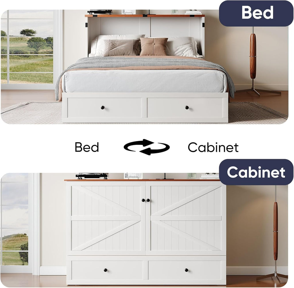 ijuicy Queen Murphy Bed with Mattress Included, Farmhouse Cabinet Bed with Storage Drawer & Charging Station, Foldable Space-Saving Murphy Beds for Guest Bedroom, Living Room (White & Brown)