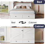 ijuicy Queen Murphy Bed with Mattress Included, Farmhouse Cabinet Bed with Storage Drawer & Charging Station, Foldable Space-Saving Murphy Beds for Guest Bedroom, Living Room (White & Brown)