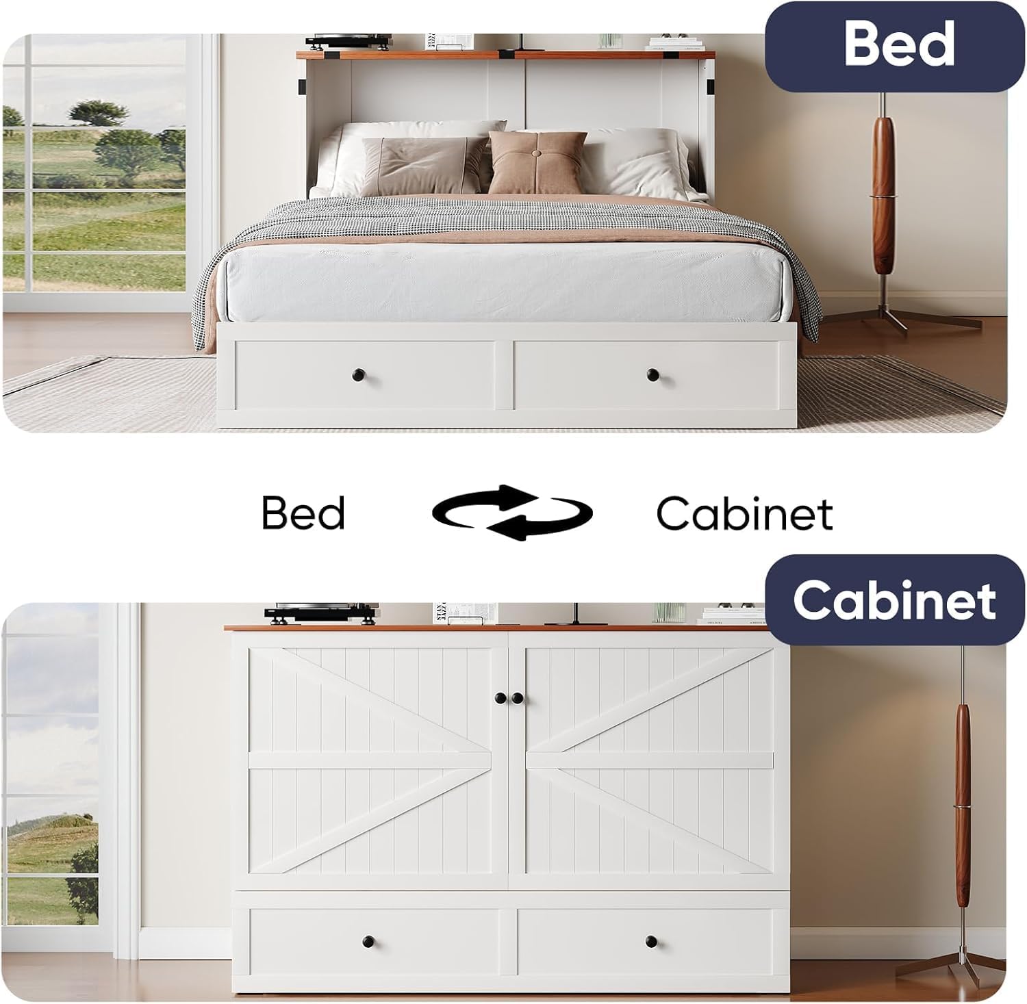 ijuicy Queen Murphy Bed with Mattress Included, Farmhouse Cabinet Bed with Storage Drawer & Charging Station, Foldable Space-Saving Murphy Beds for Guest Bedroom, Living Room (White & Brown)