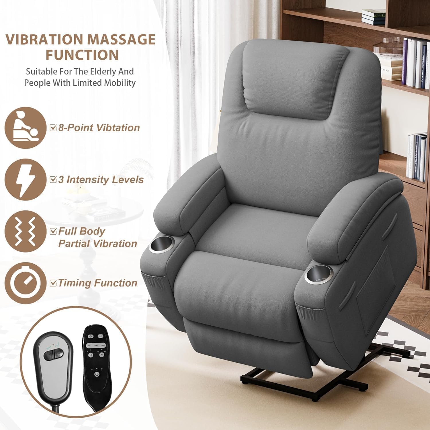 Flamaker Power Lift Chair Massage Recliner Chairs for Elderly - Ergonomic Design with Cup Holders & Side Pockets, Remote Control (Gray)