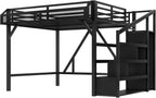 Bellemave Queen loft Bed with Storage Stairs, Wardrobe, Shelves, Metal Queen Size Loft Bed Frame for Adults, Kids, Teens, Black with Black Woodgrain