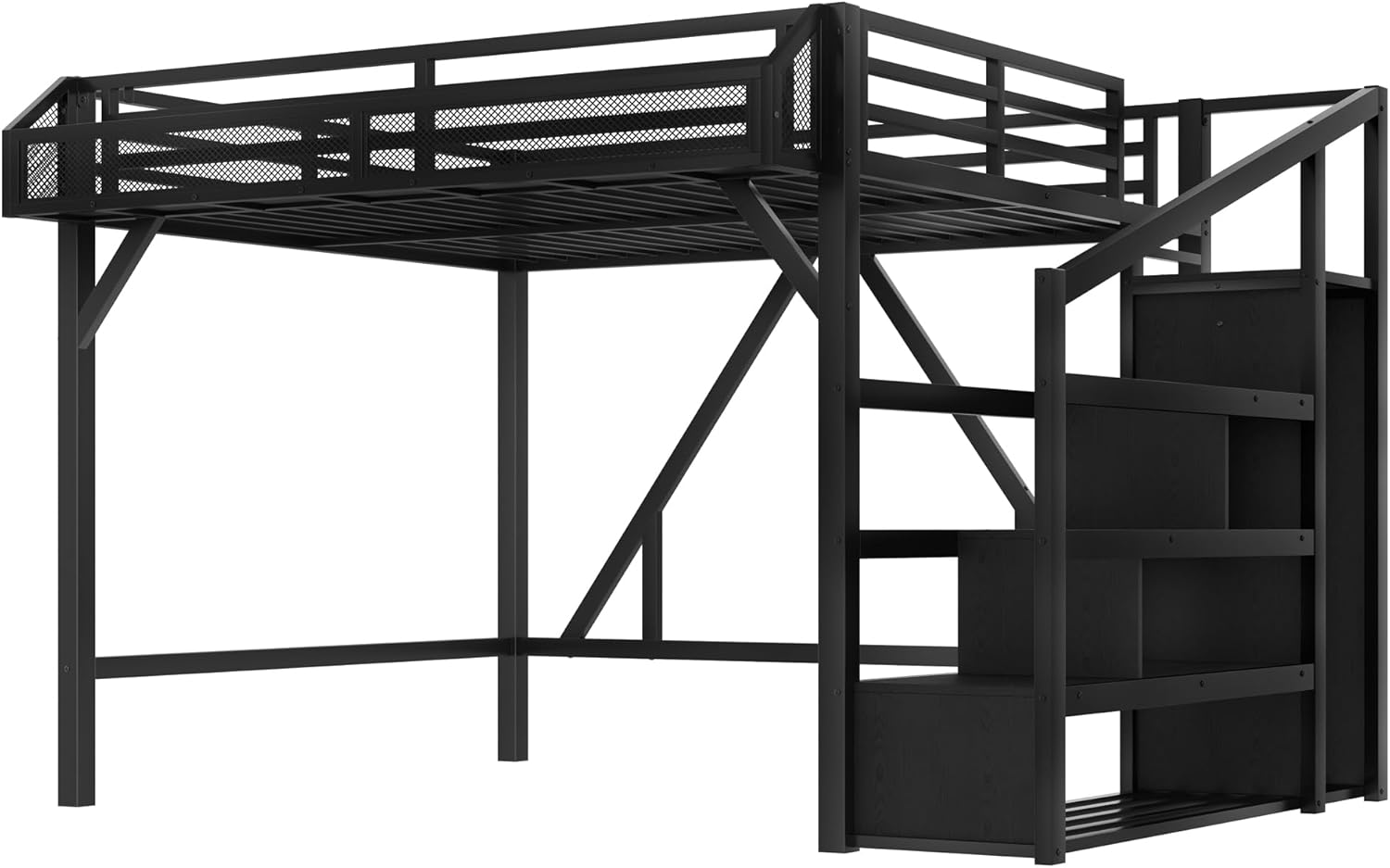 Bellemave Queen loft Bed with Storage Stairs, Wardrobe, Shelves, Metal Queen Size Loft Bed Frame for Adults, Kids, Teens, Black with Black Woodgrain