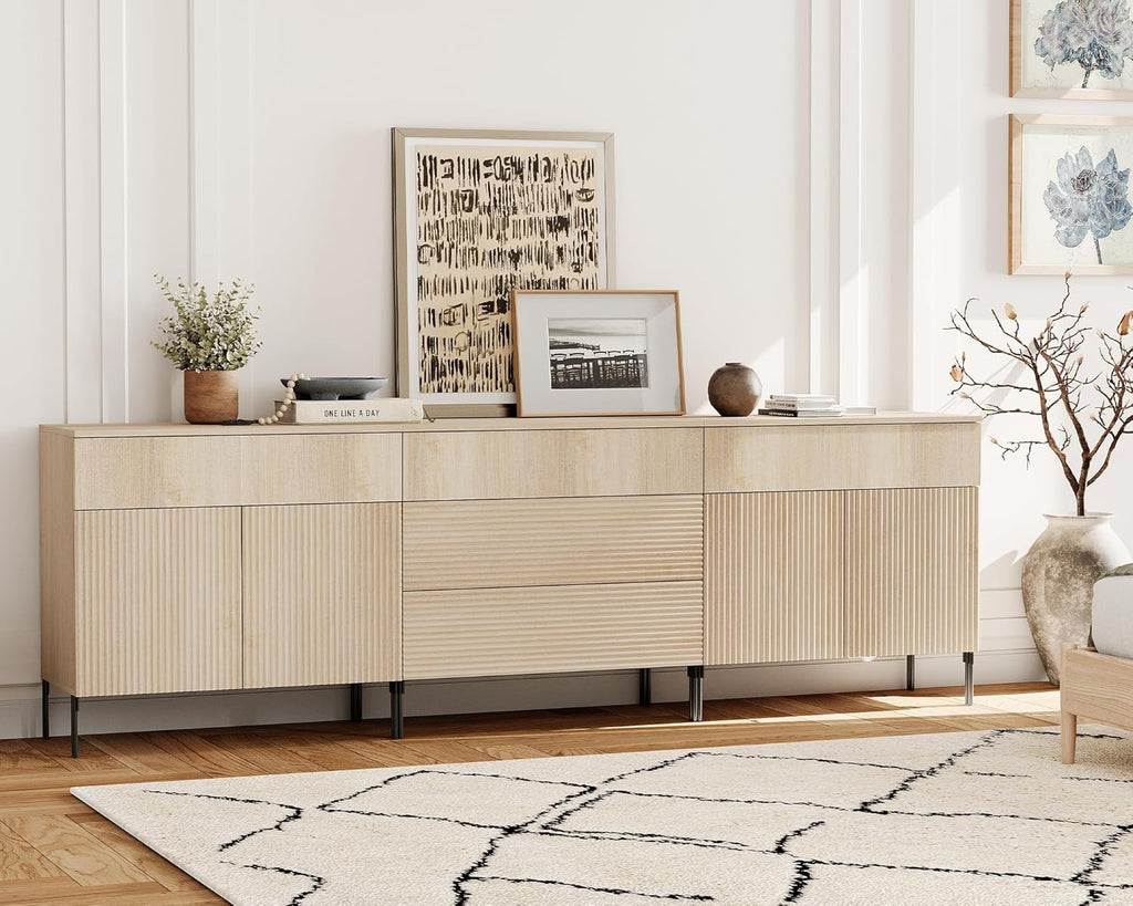 WAMPAT Fluted TV Stand for TVs up to 100 inchs, 3 in 1 Modern Entertainment Center with Storage Cabinets and 5 Drawers & 4 Doors, Wood Media TV Console Table with Storage for Living Room, Beige