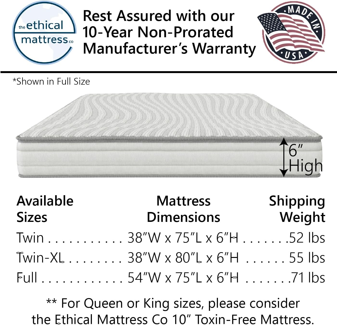 Ethical Mattress CO 6" Kid's Mattress, Toxin-Free, Made in The USA with Organic Cotton, Wool, Latex & Pocketed Coils (Bed-in-a-Box); Perfect for bunk beds, trundles & Platform beds - Full Size