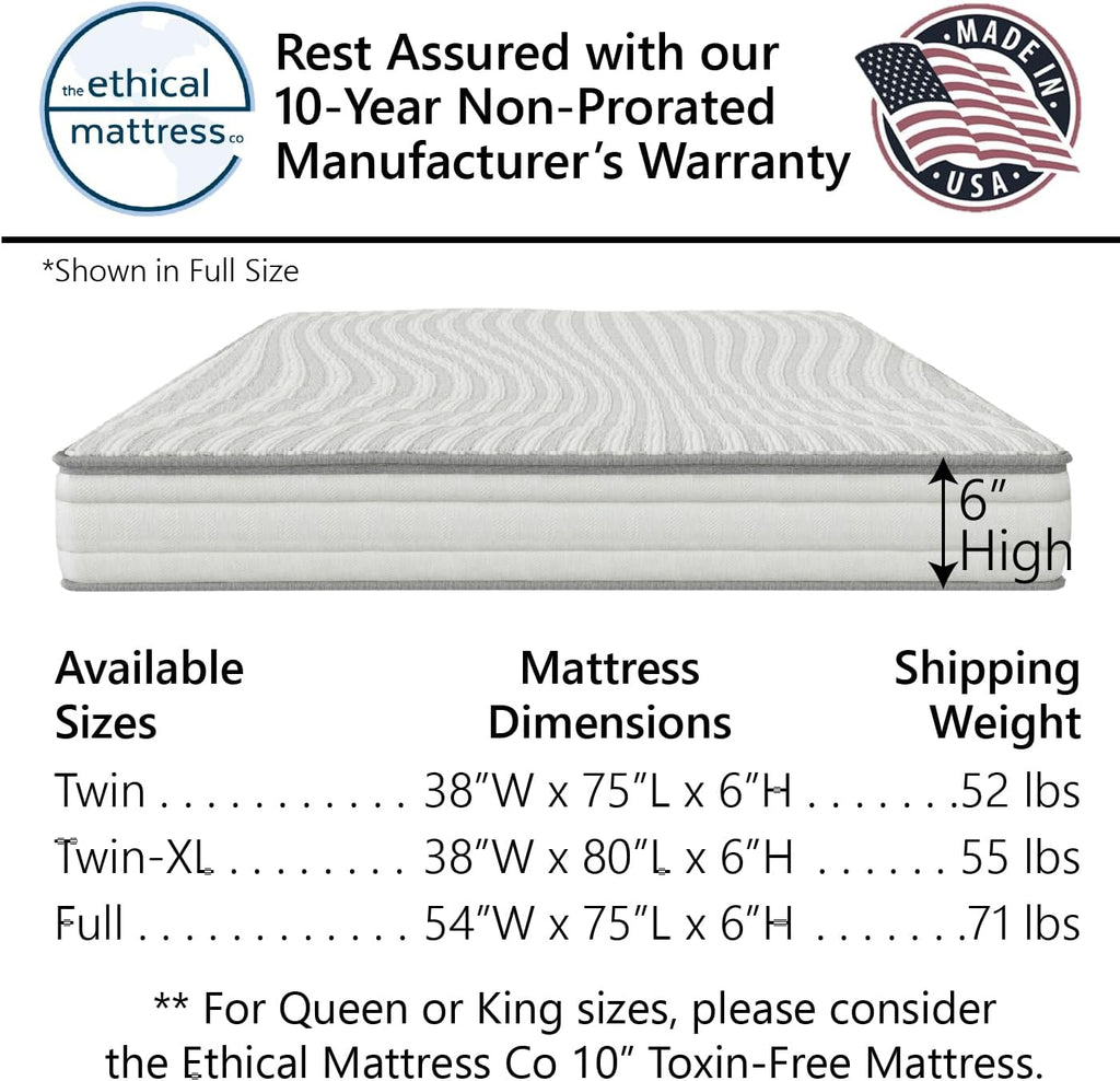 Ethical Mattress CO 6" Kid's Mattress, Toxin-Free, Made in The USA with Organic Cotton, Wool, Latex & Pocketed Coils (Bed-in-a-Box); Perfect for bunk beds, trundles & Platform beds - Full Size