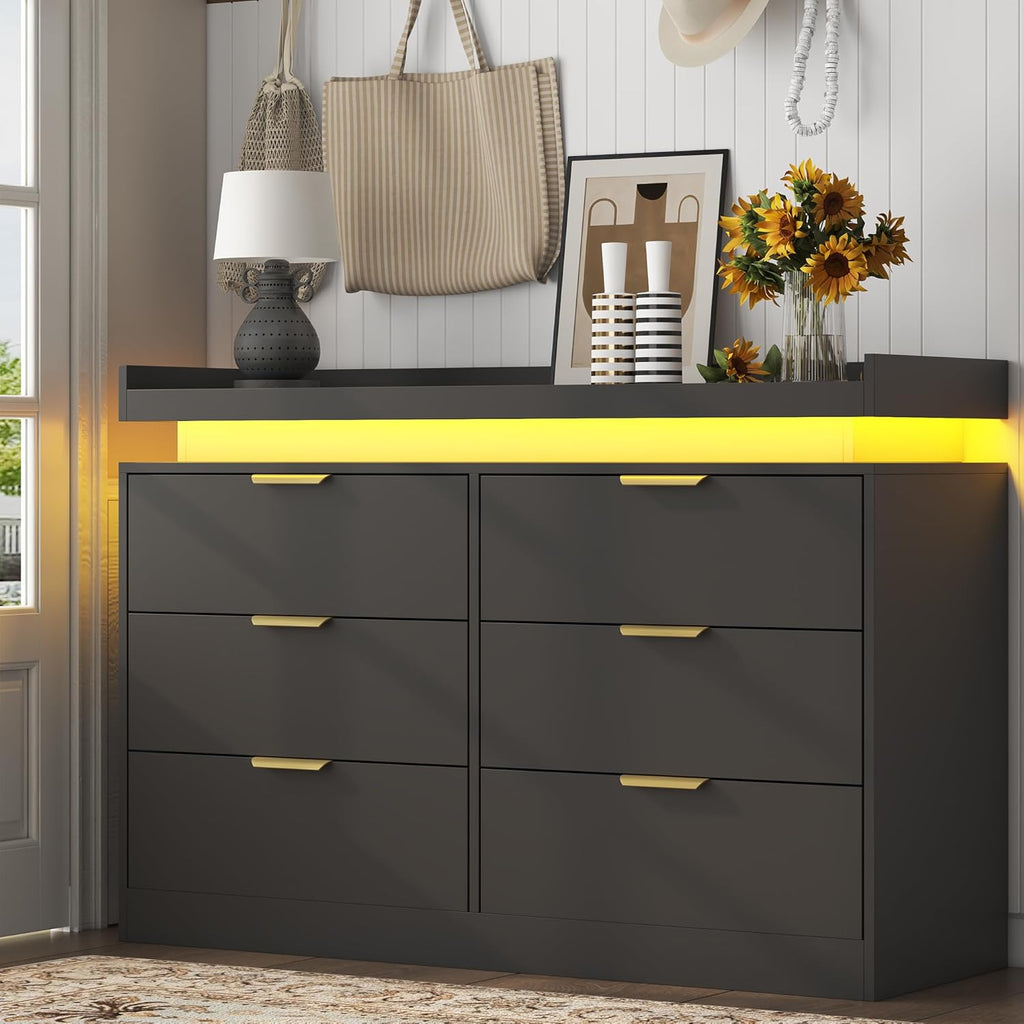 6 Drawer Dresser for Bedroom, Black Dresser with LED Lights and Power Outlet, Wooden Dressers Chests of Drawers, Double Wide Dressers for Bedroom, Entryway, Hallway